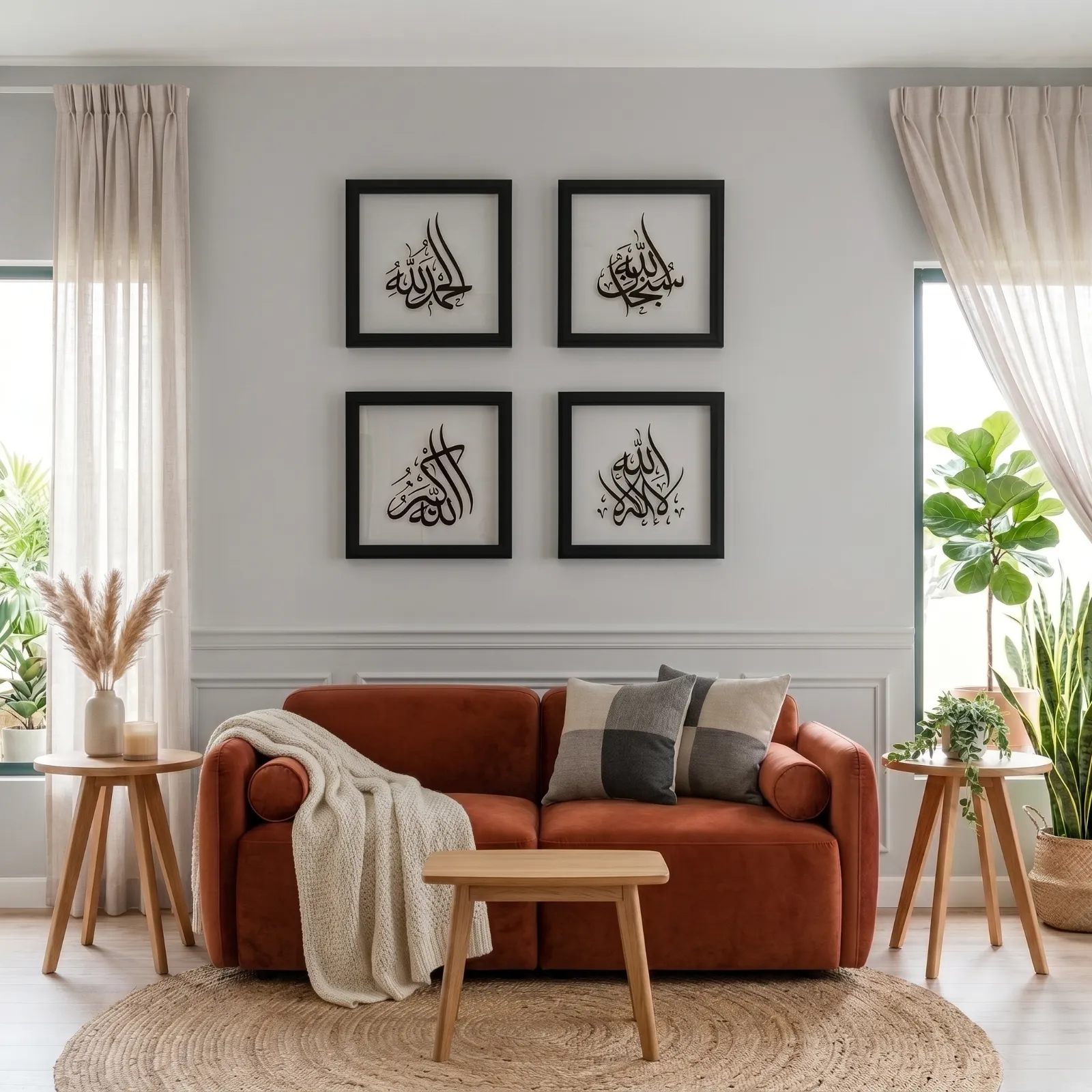 Set empat frame kaligrafi Zikir Ardani tersusun 2 x 2 di atas sofa ruang tamu